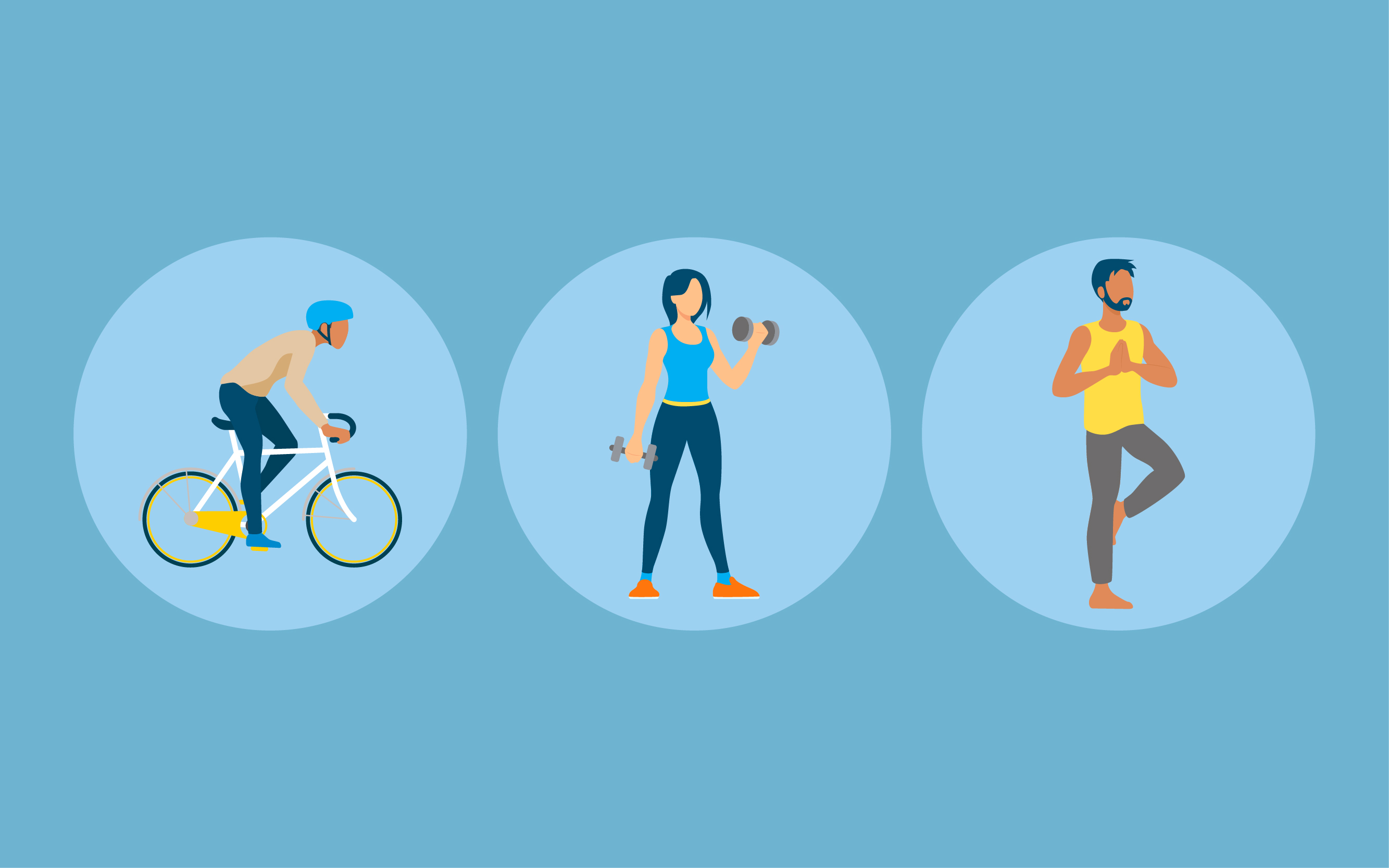 Three people exercising: cycling, weightlifting, and yoga.