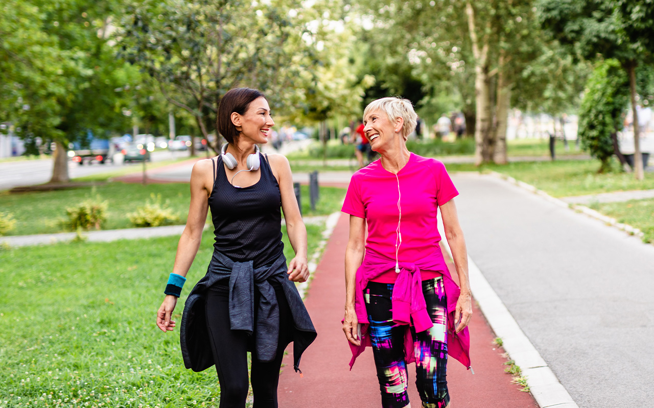 Two women walking outdoors