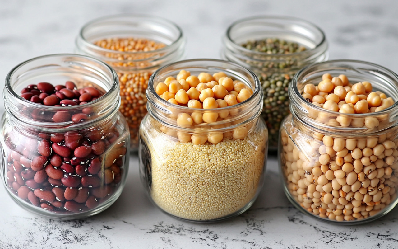 Five glass jars filled with different types of legumes and grains are arranged on a surface.